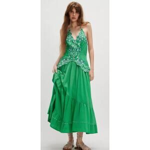 Free People Green Valenciana Midi Dress Embroidered Halter Size XS
